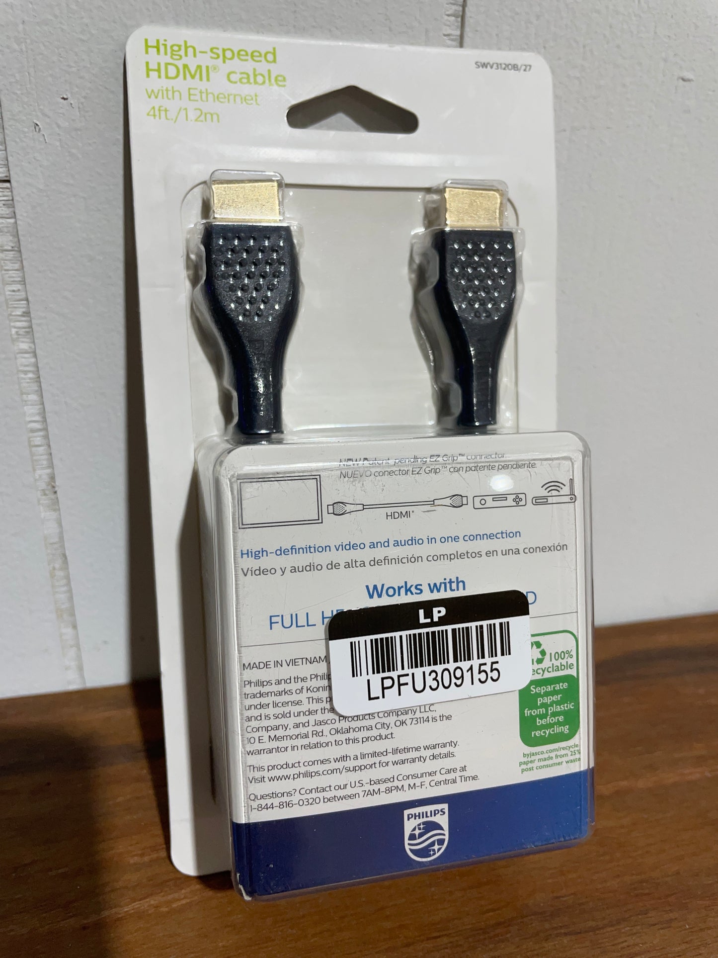 Philips High Speed HDMI Cable with Ethernet 4ft EZGrip