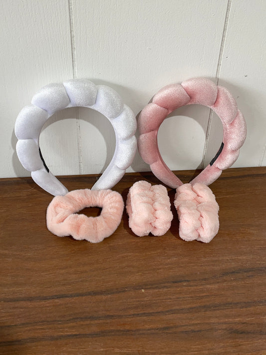 Spa Headband 2 PACK White and Pink with 2 Pink Wristbands for Washing Face & 1 Hair Scrunchie